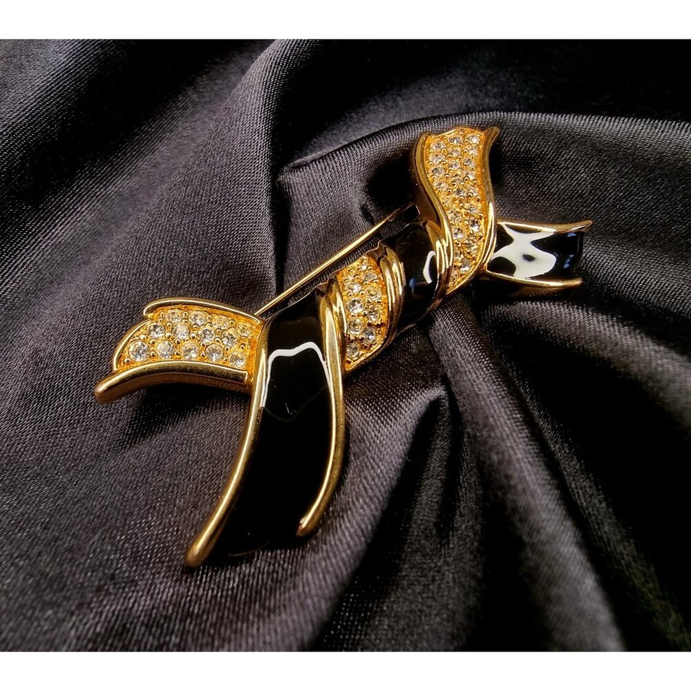 Vintage SWAROVSKI Signed Ribbon Gold and Black Crystals Brooch